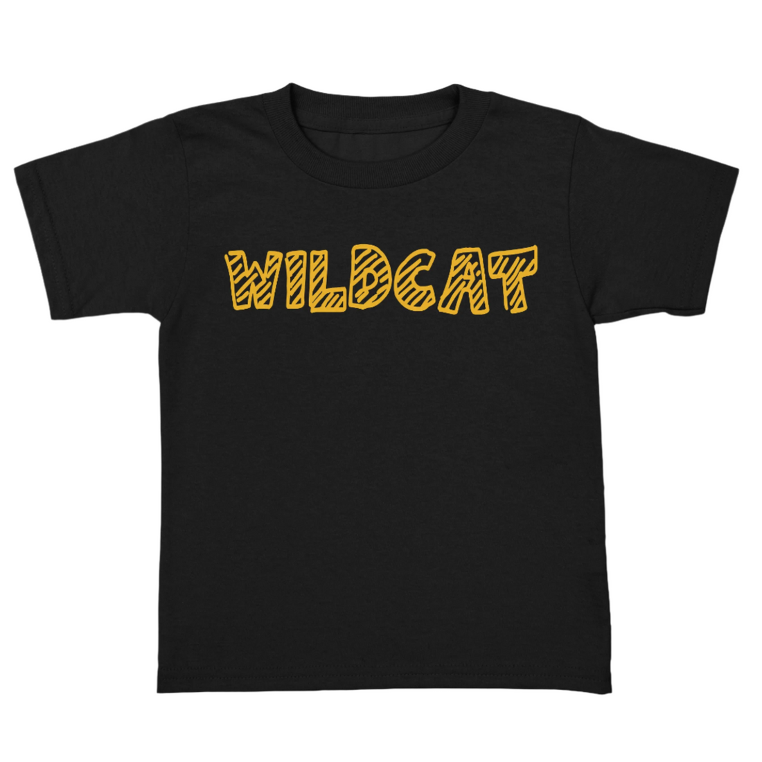 Black t-shirt with 'WILDCAT' printed in yellow on a white background