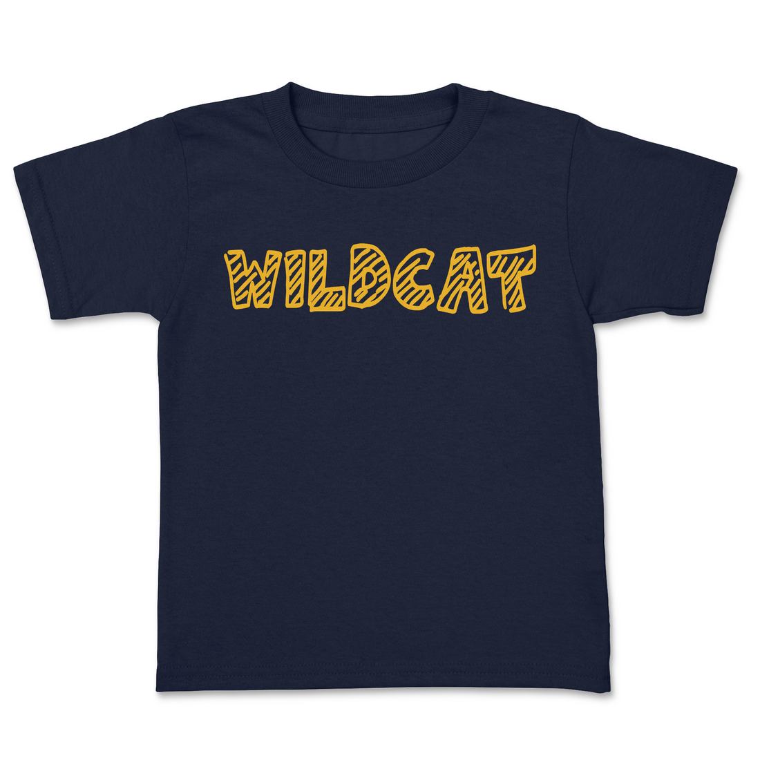 Black t-shirt with 'WILDCAT' printed in yellow on a white background