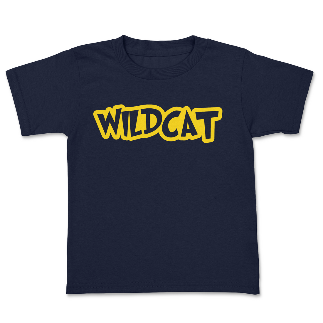 Black t-shirt with 'WILDCAT' in yellow on a white background