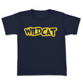 Navy blue t-shirt with 'WILDCAT' in yellow on a white background