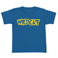 Blue t-shirt with yellow 'WILDCAT' text on a white background