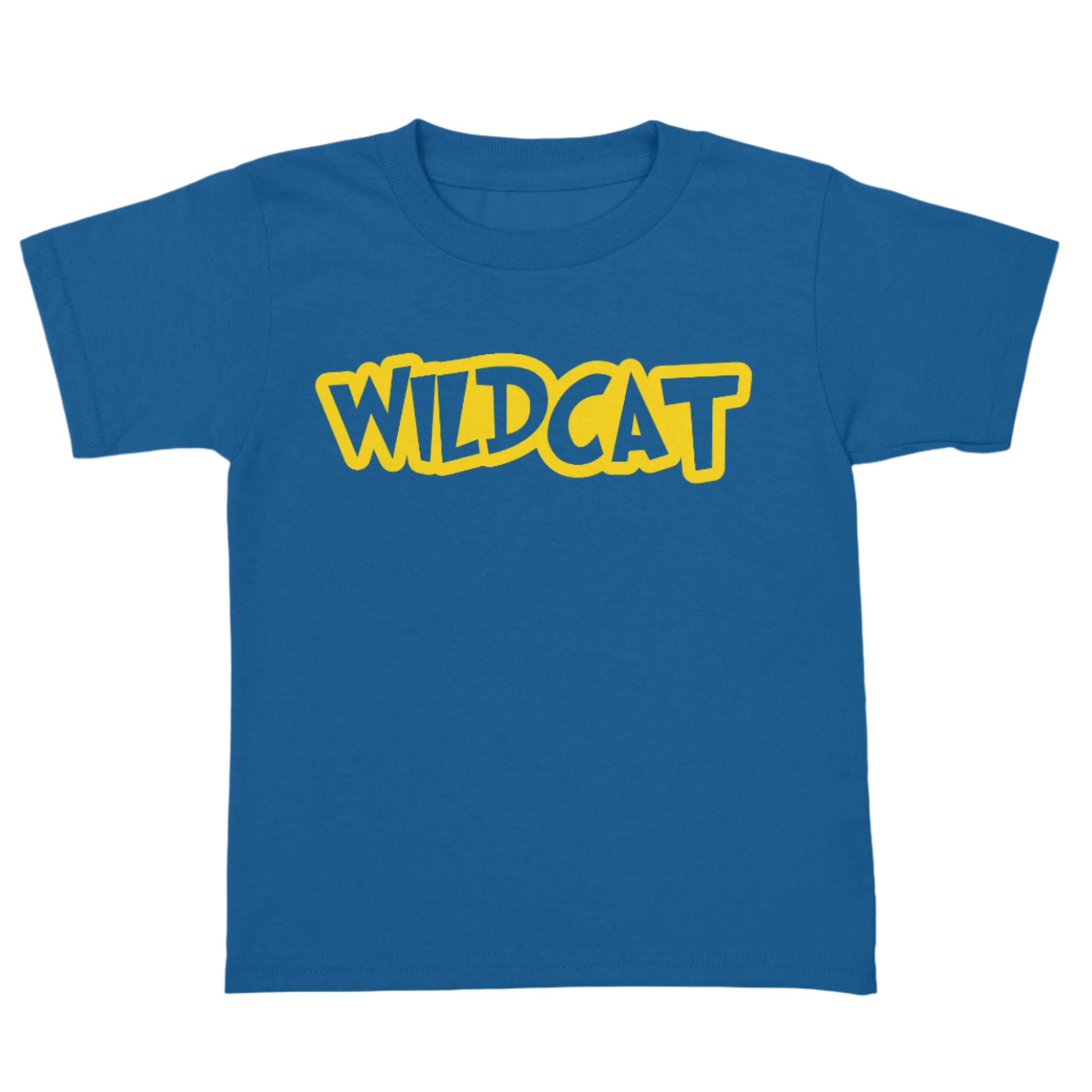 Blue t-shirt with yellow 'WILDCAT' text on a white background