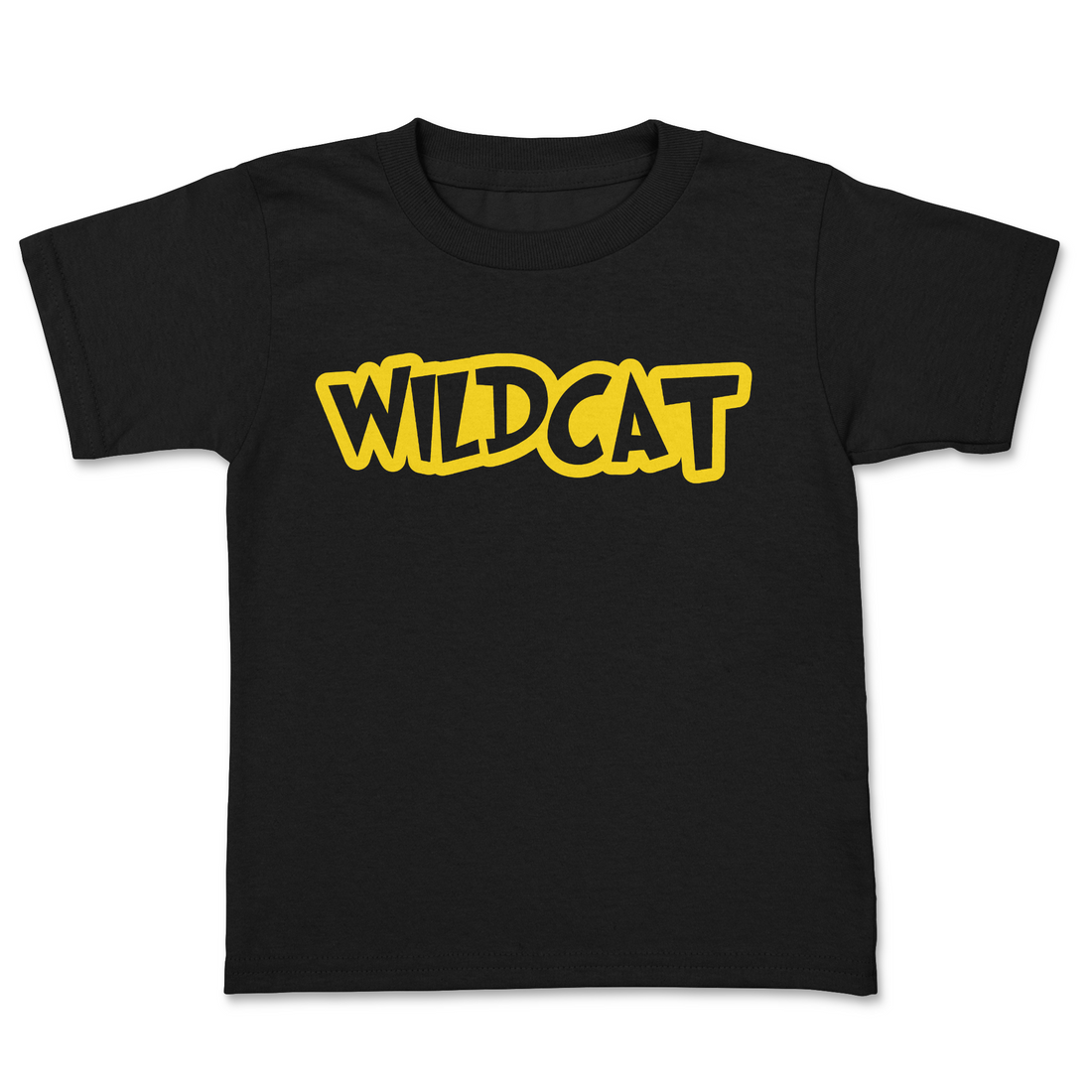 Black t-shirt with 'WILDCAT' in yellow on a white background