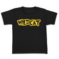 Black t-shirt with 'WILDCAT' in yellow on a white background