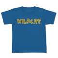 Blue t-shirt with 'WILDCAT' printed in yellow on a white background
