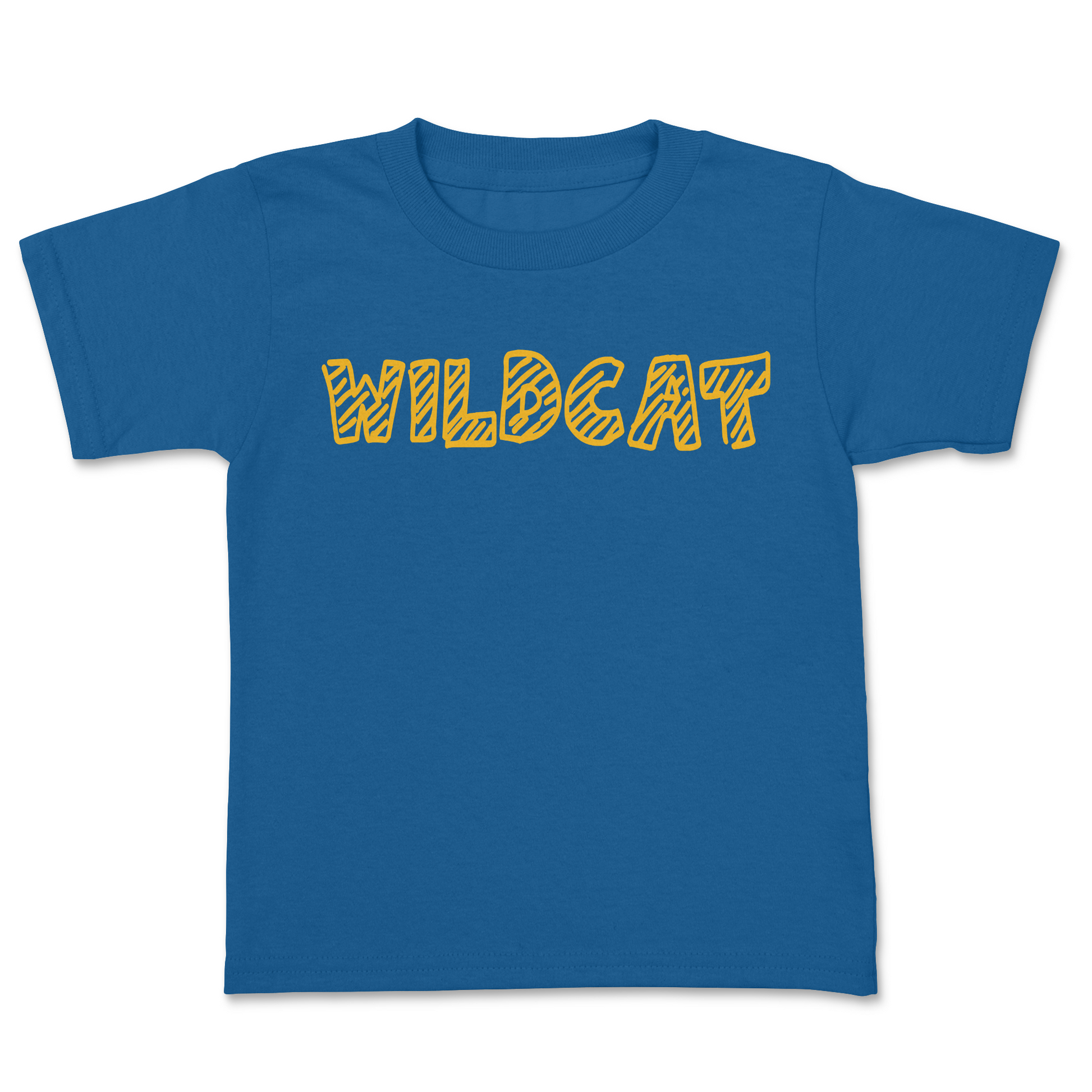 Blue t-shirt with 'WILDCAT' printed in yellow on a white background