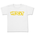 White t-shirt with 'WILDCAT' printed in yellow on a white background