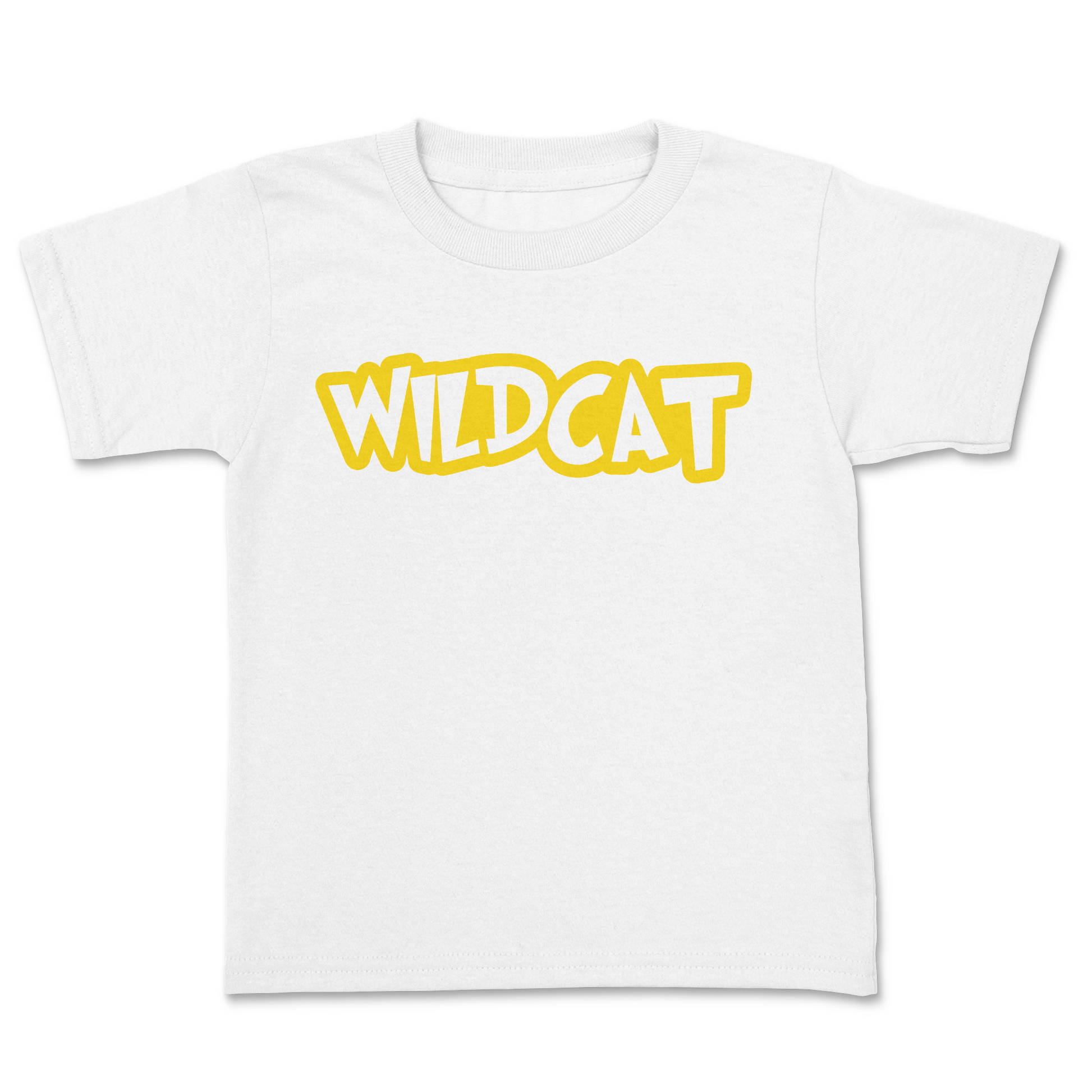 White t-shirt with 'WILDCAT' printed in yellow on a white background