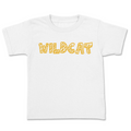White t-shirt with 'WILDCAT' printed in yellow on a white background