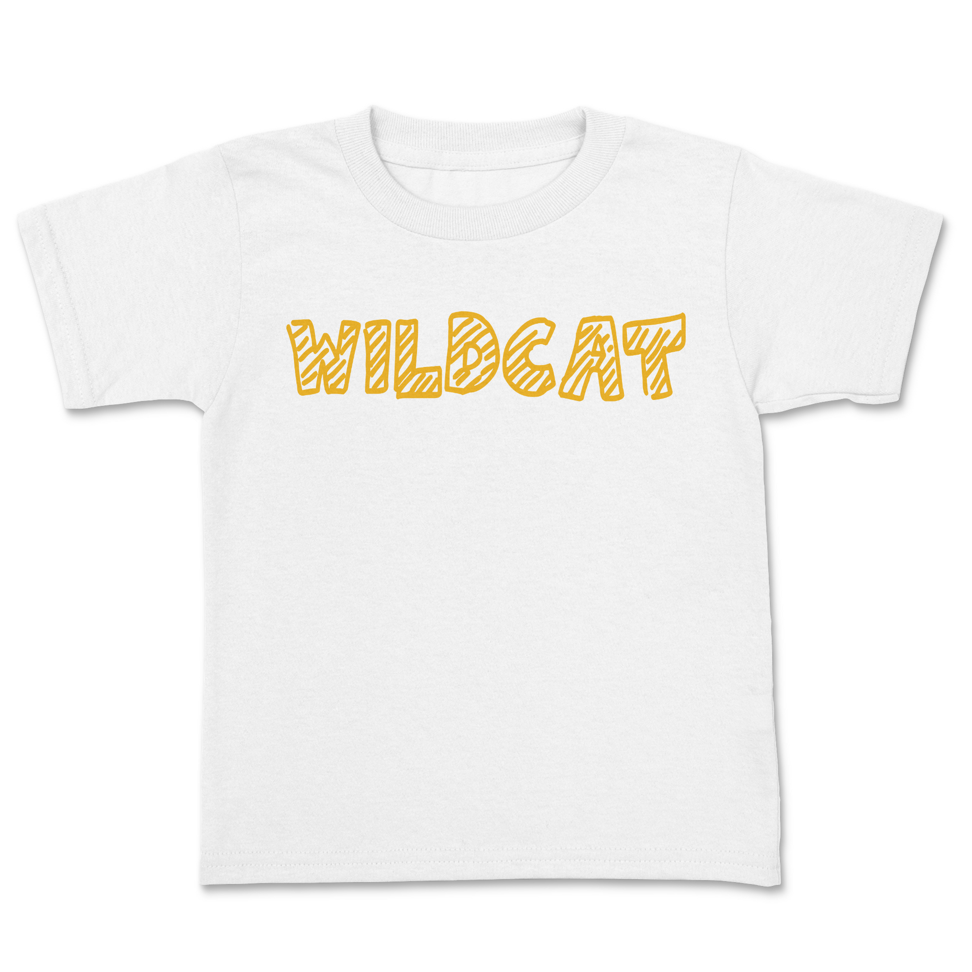 White t-shirt with 'WILDCAT' printed in yellow on a white background