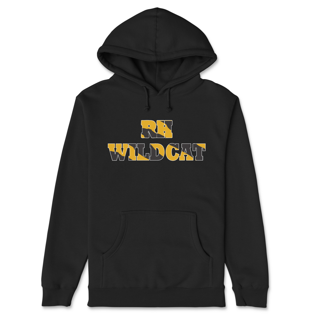 Black hoodie with 'RV Wildcat' text on a white background