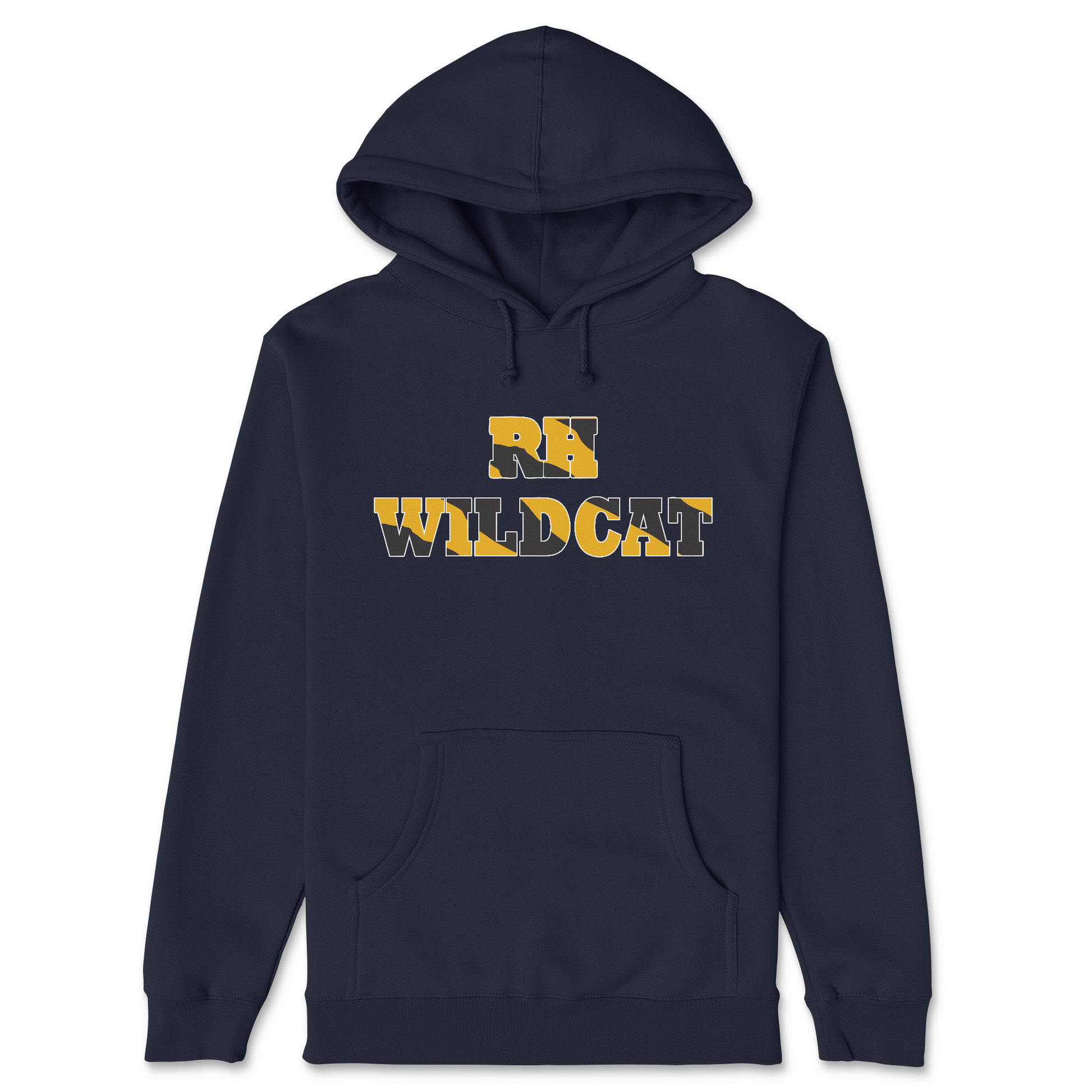 Navy blue hoodie with 'RH Wildcat' text in yellow and gray on a white background