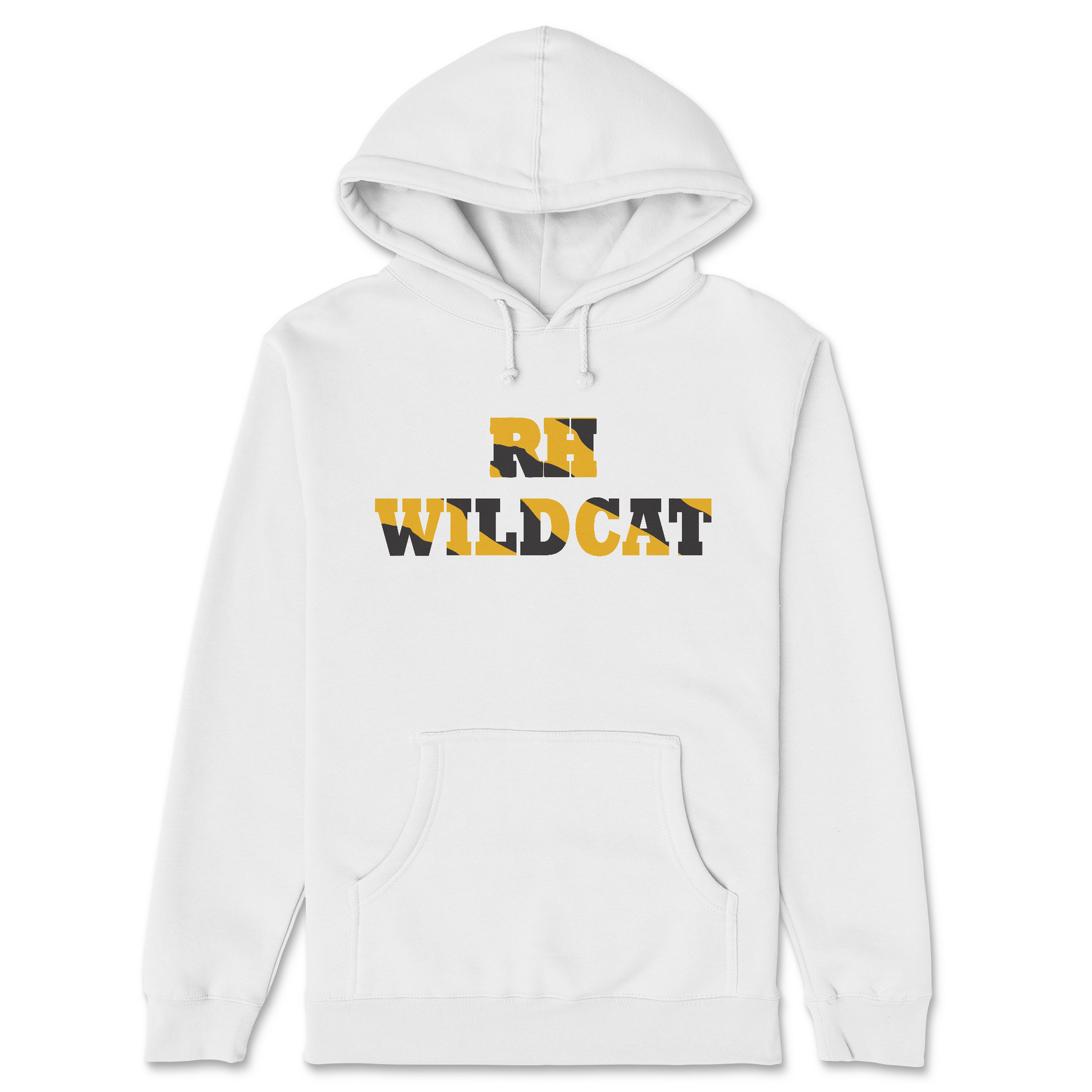 White hoodie with 'WILDCAT' text in yellow and black on a white background