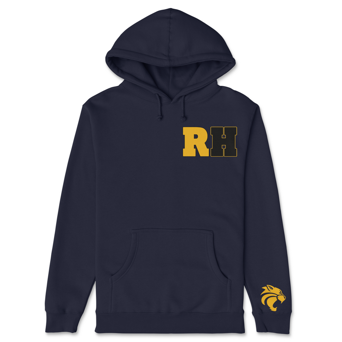 Black hoodie with gold 'RH' logo on a white background