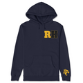 Navy blue hoodie with gold 'RH' logo on a white background