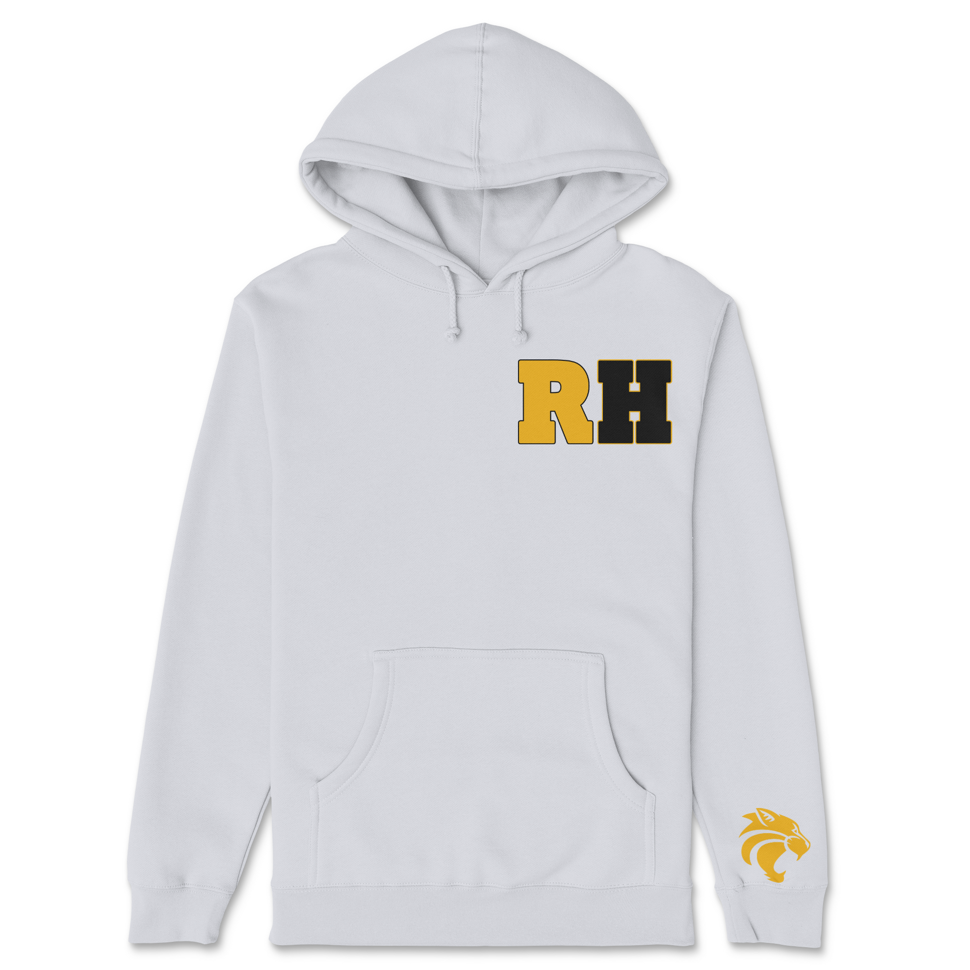 Light gray hoodie with 'RH' logo on chest and lion emblem on sleeve against a white background