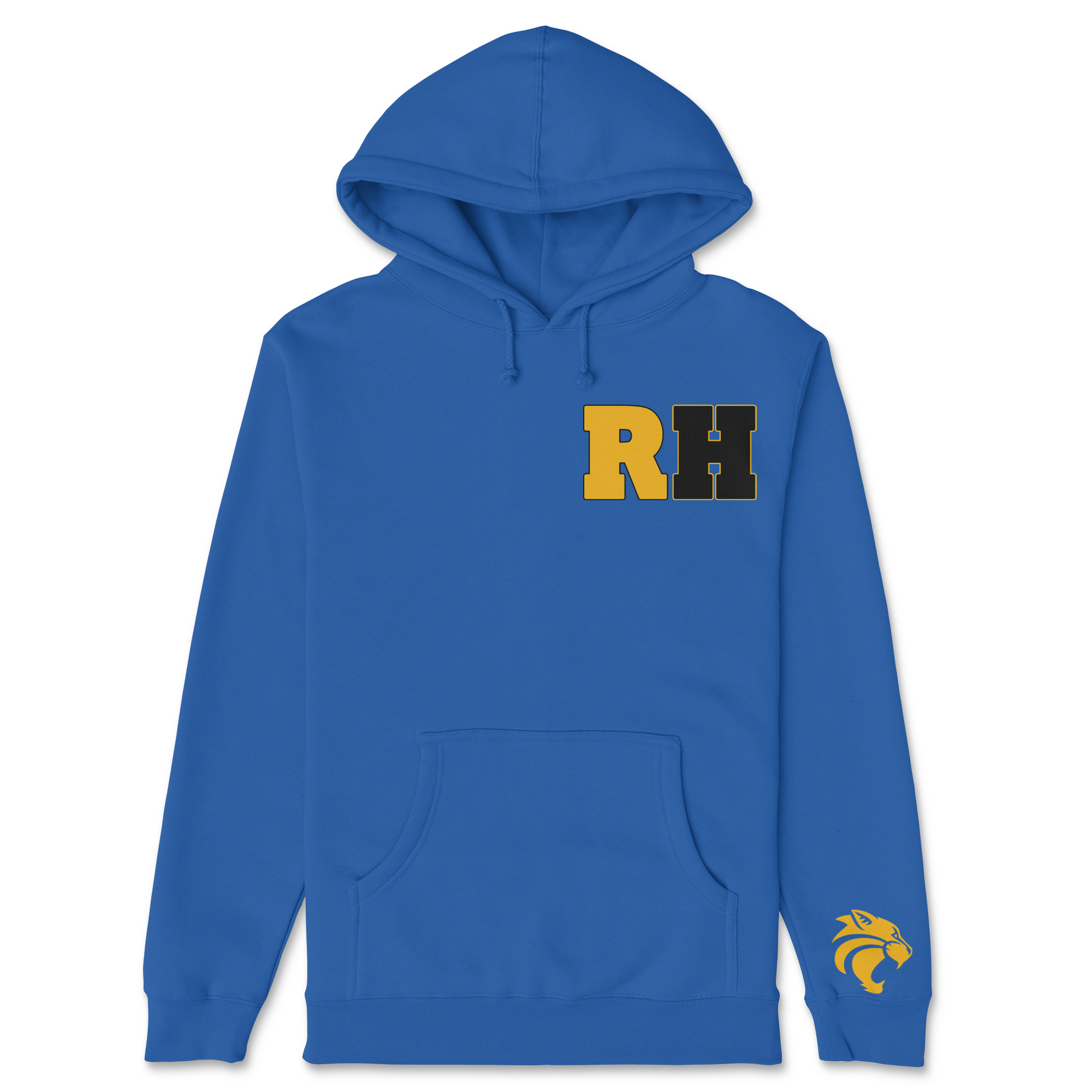 Blue hoodie with 'RH' logo on a white background