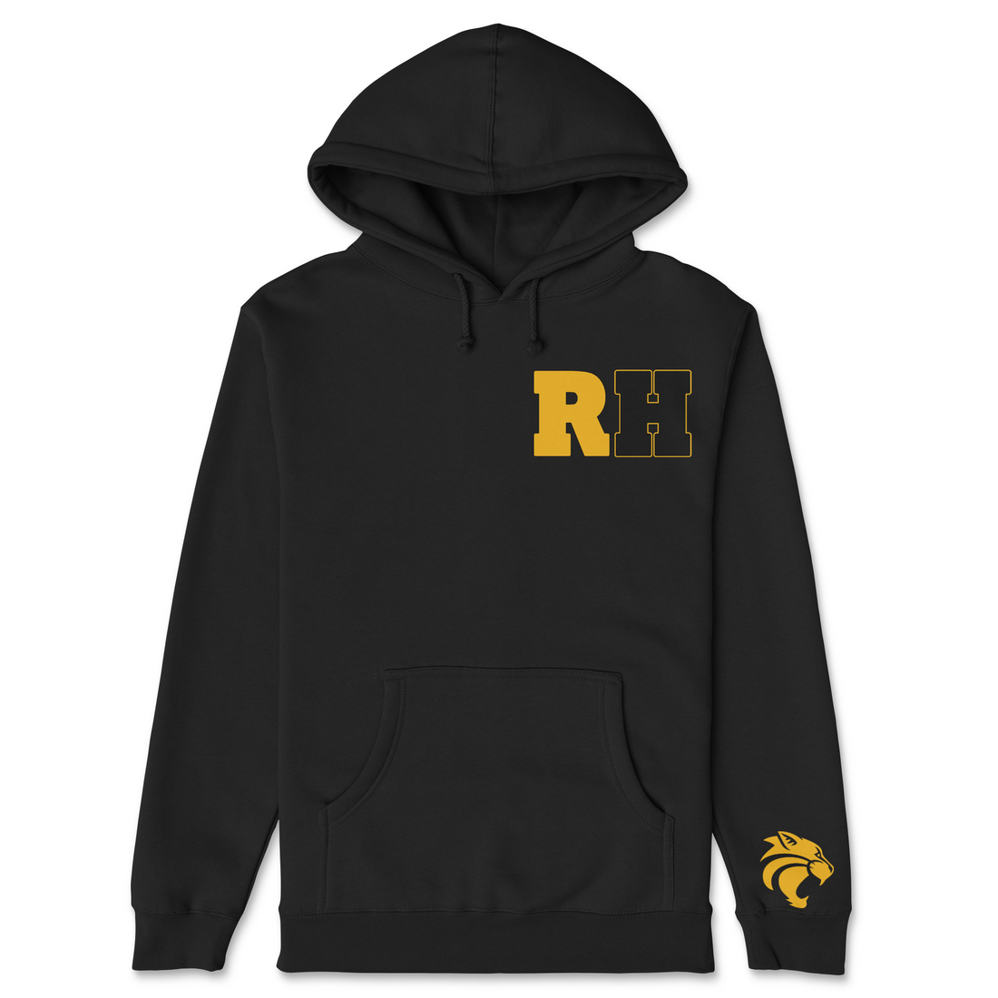 Black hoodie with gold 'RH' logo on a white background