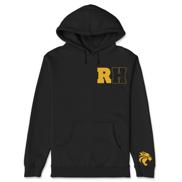 Black hoodie with gold 'RH' logo on a white background