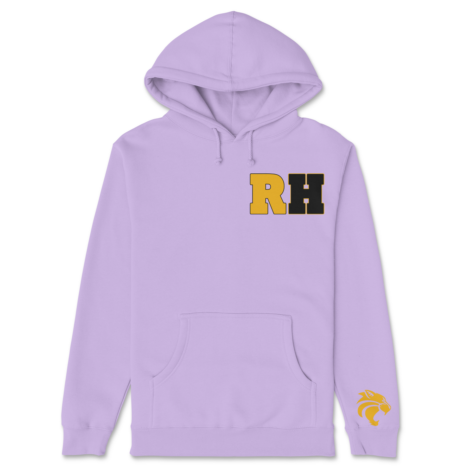 Purple hoodie with 'RH' logo on a white background