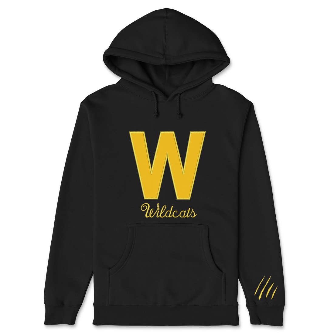 Black hoodie with yellow 'W' and 'Wildcats' text on a white background