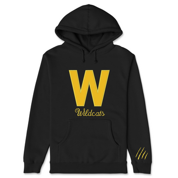Black hoodie with yellow 'W' and 'Wildcats' text on a white background