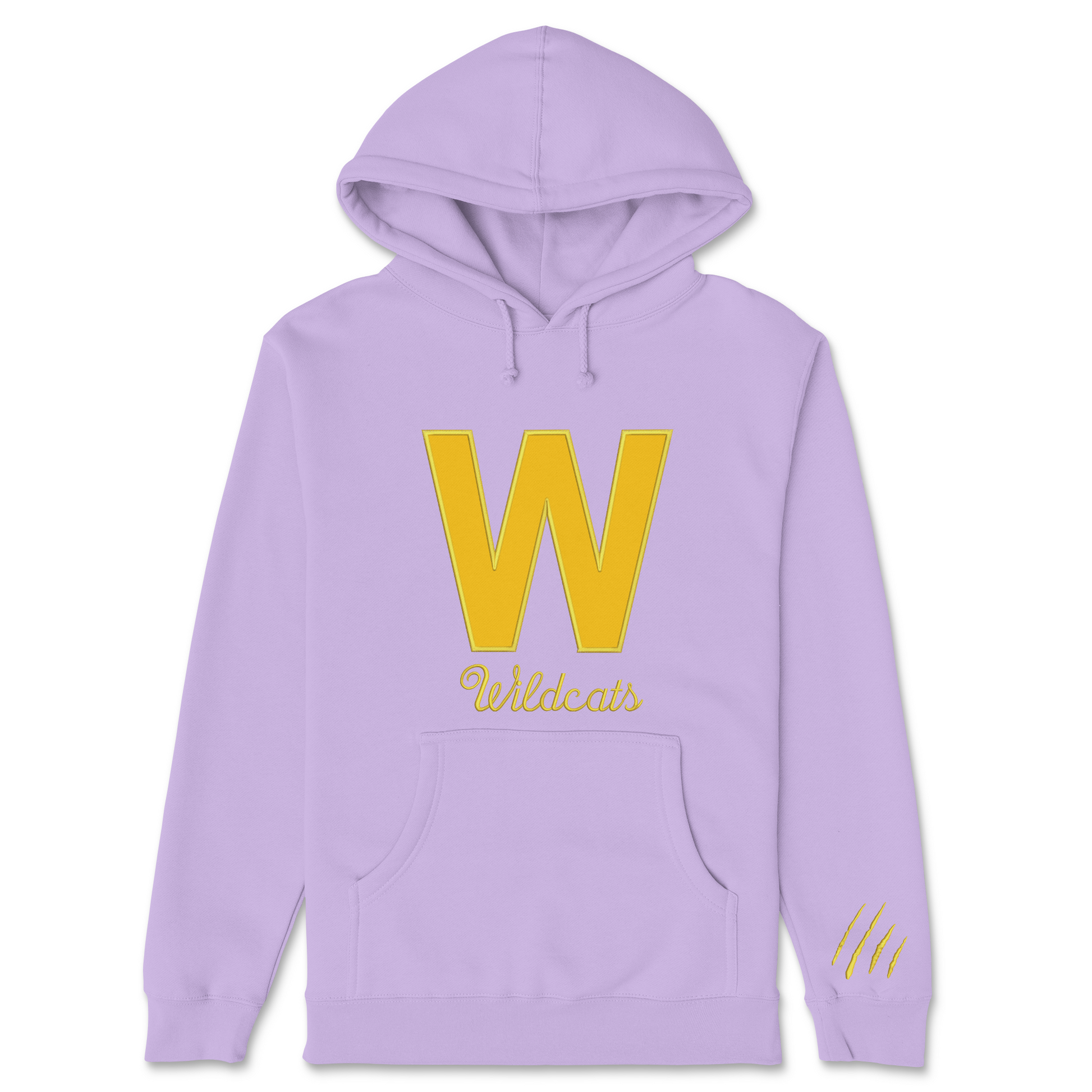 Purple hoodie with a yellow 'W' and 'Wildcats' text on a white background