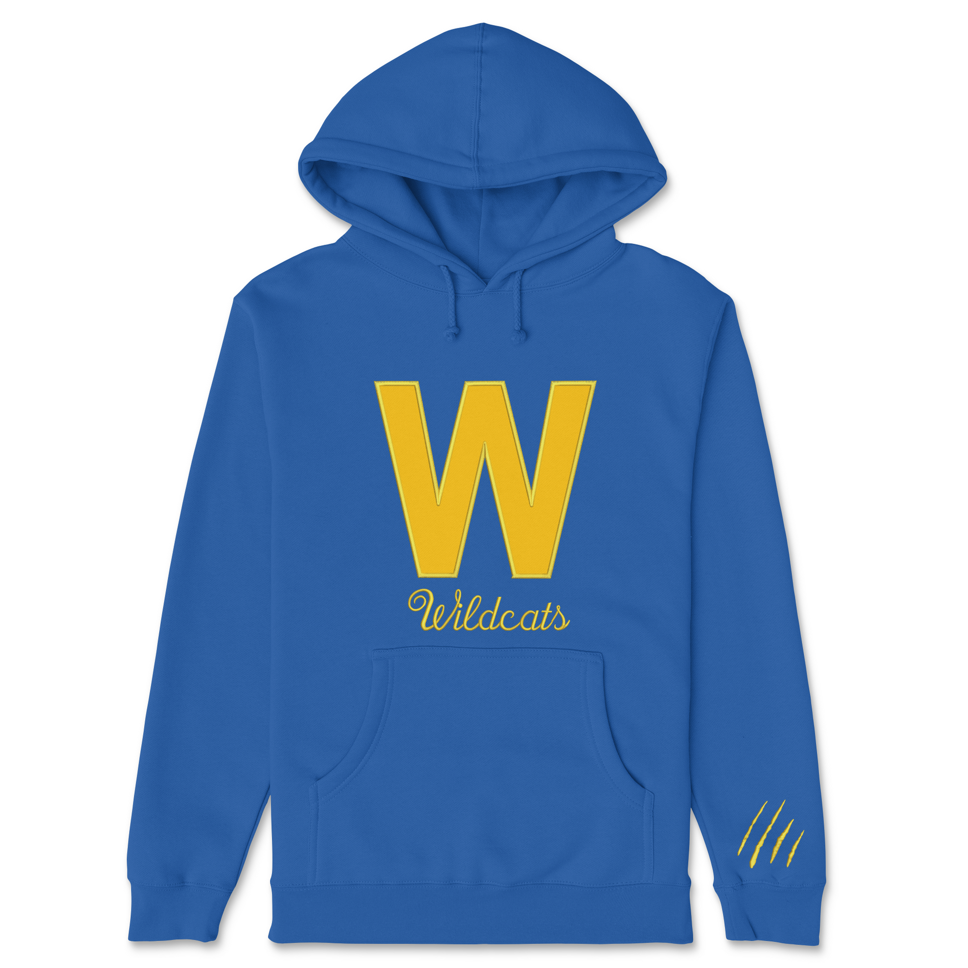 Blue hoodie with yellow 'W' and 'Wildcats' text on a white background
